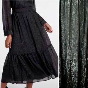 Modcloth Shimmering Rainfall Metallic Midi Skirt Tier Aline Black AU 12 US 8 NWT